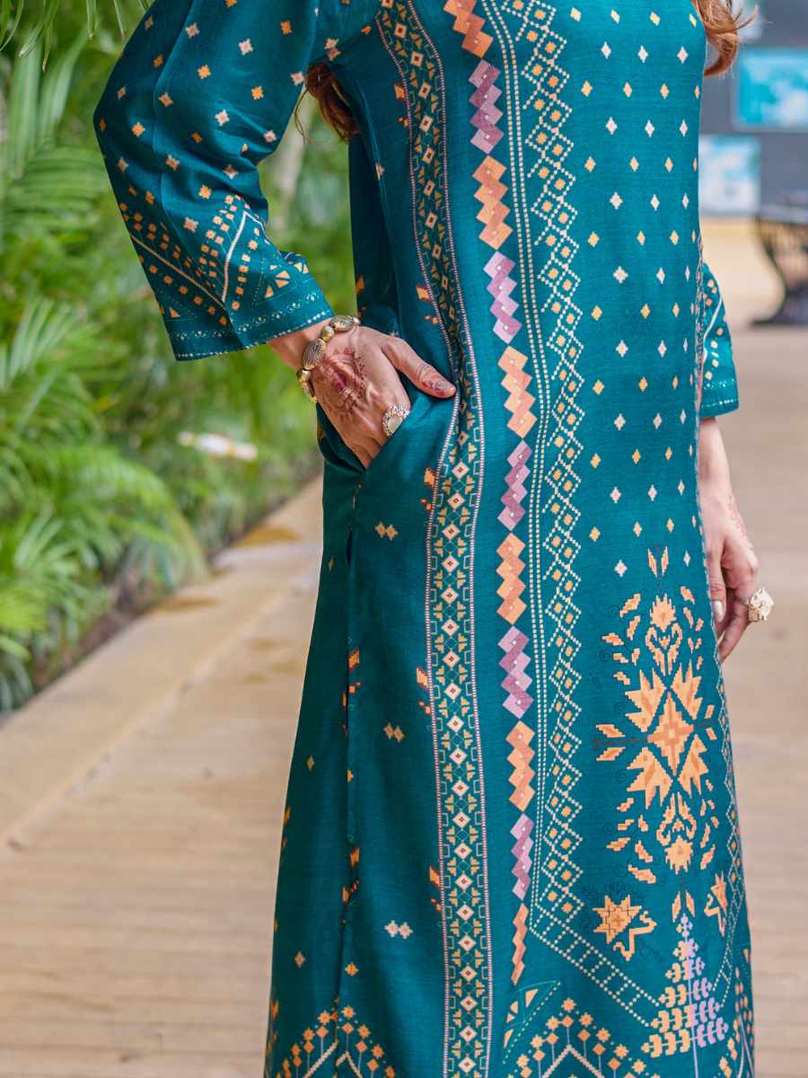 Sanjh Teal Pure Muslin Co-ord Set /Pant Set